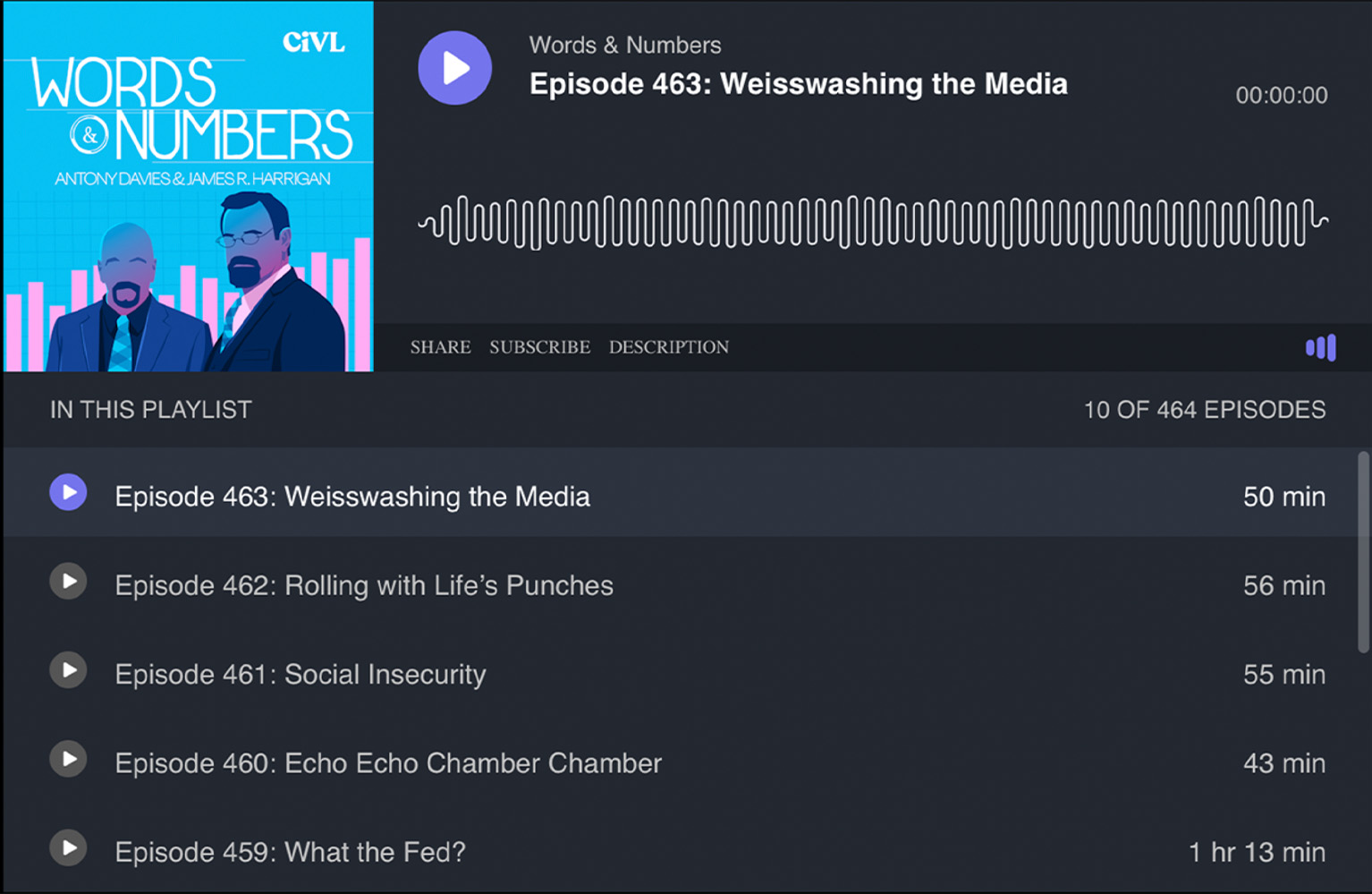Words & Numbers audio player with episode list
