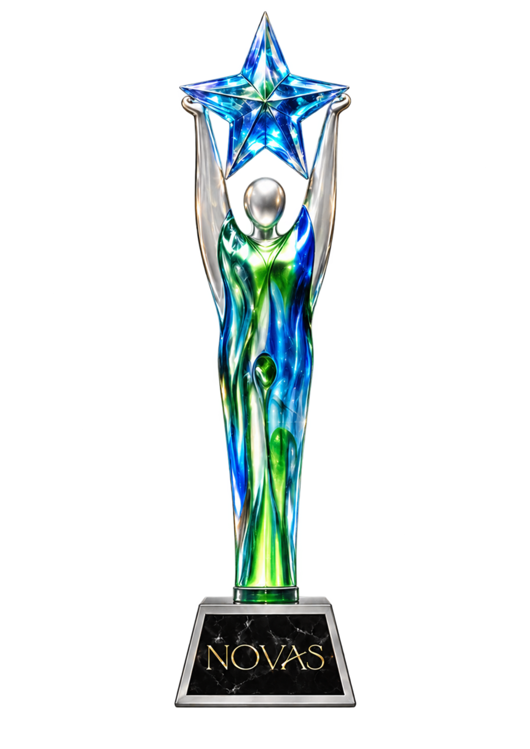 NOVAS trophy: an iridescent figure holding a blue star