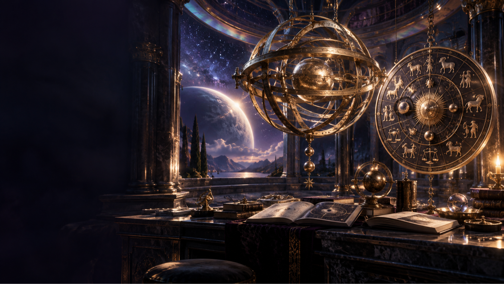 A brass celestial sphere in an atmospheric astrology observatory.