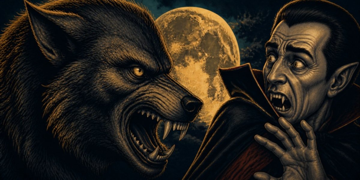 A snarling werewolf glares at a terrified vampire under a full moon
